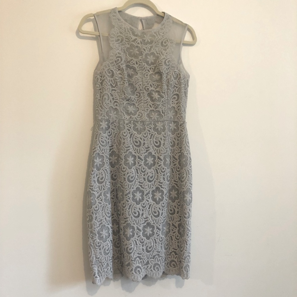 Maggy London Gray Lace Belted Sheath Dress